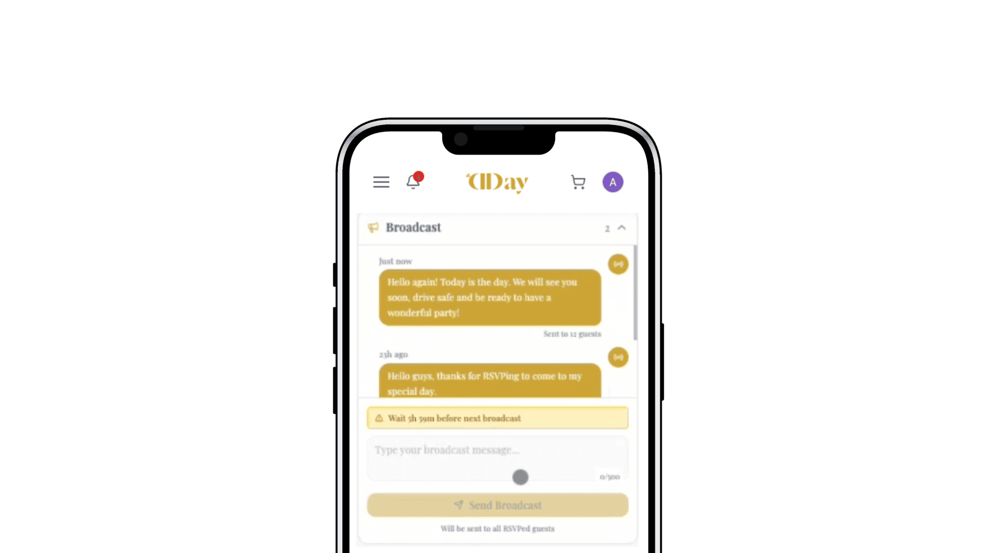DDay broadcast feature allowing users to send updates via email or SMS to all confirmed guests