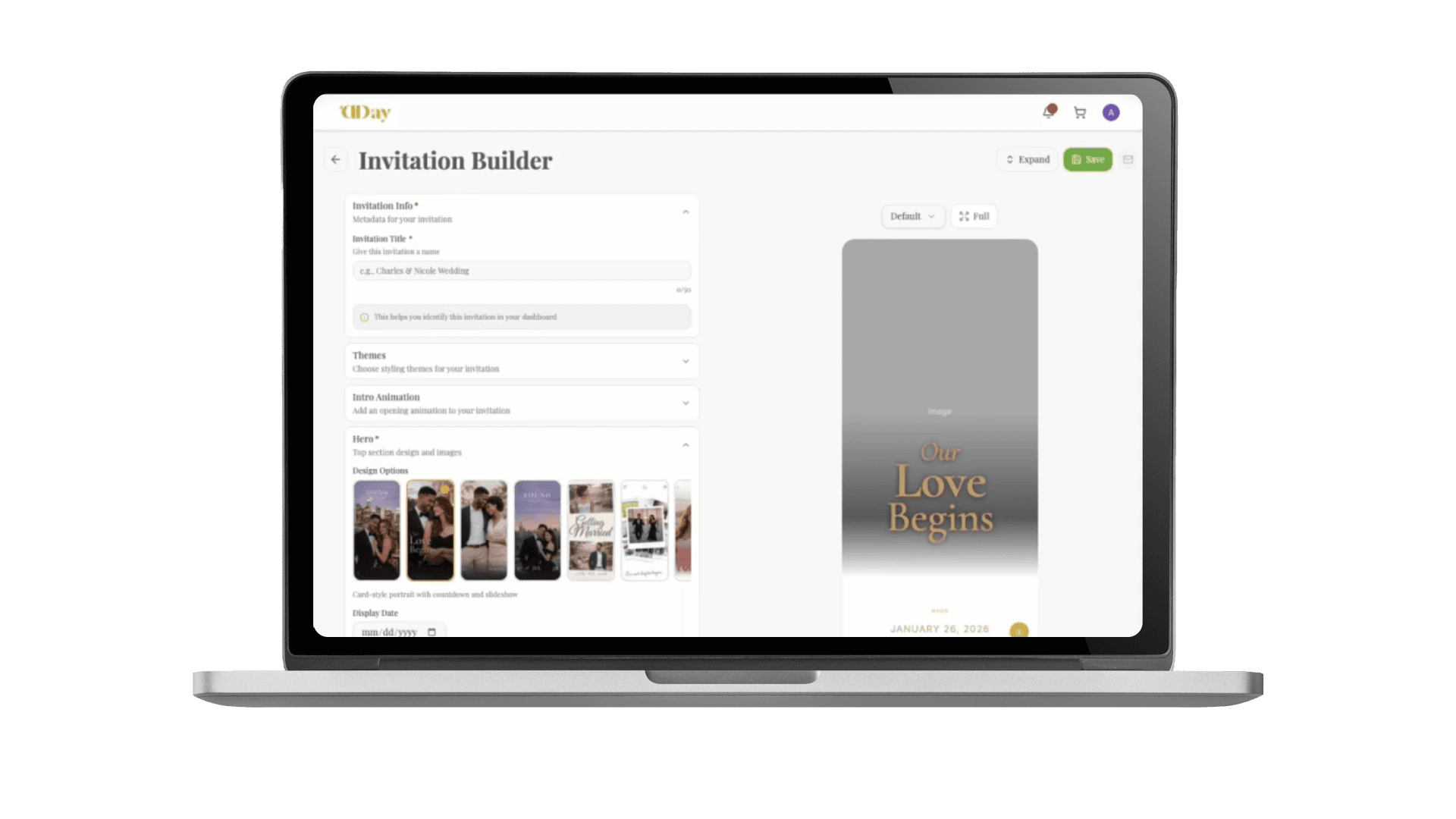 DDay invitation builder interface showing drag-and-drop editing on mobile and desktop